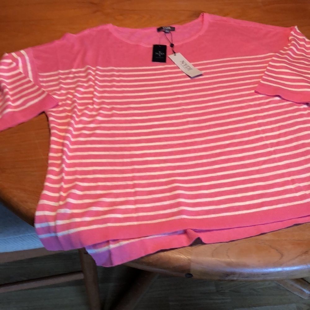 NYDJ Serra striped linen blend sweater in pink Size L